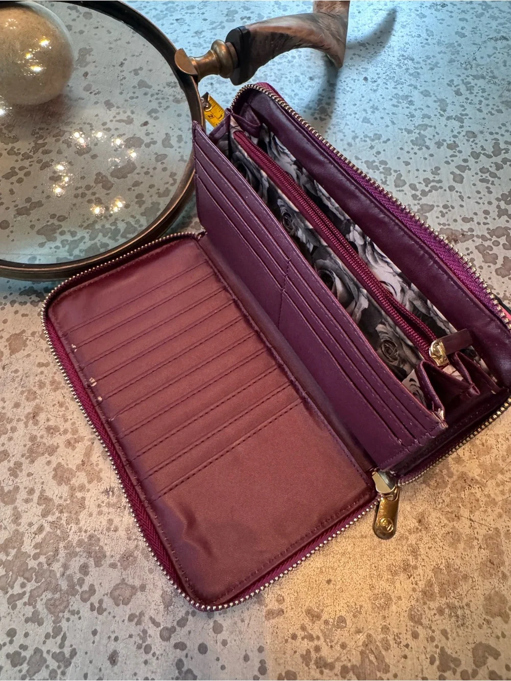 Adrienne Vittadini Burgundy Velvet Zip Wallet with Gold Plaque